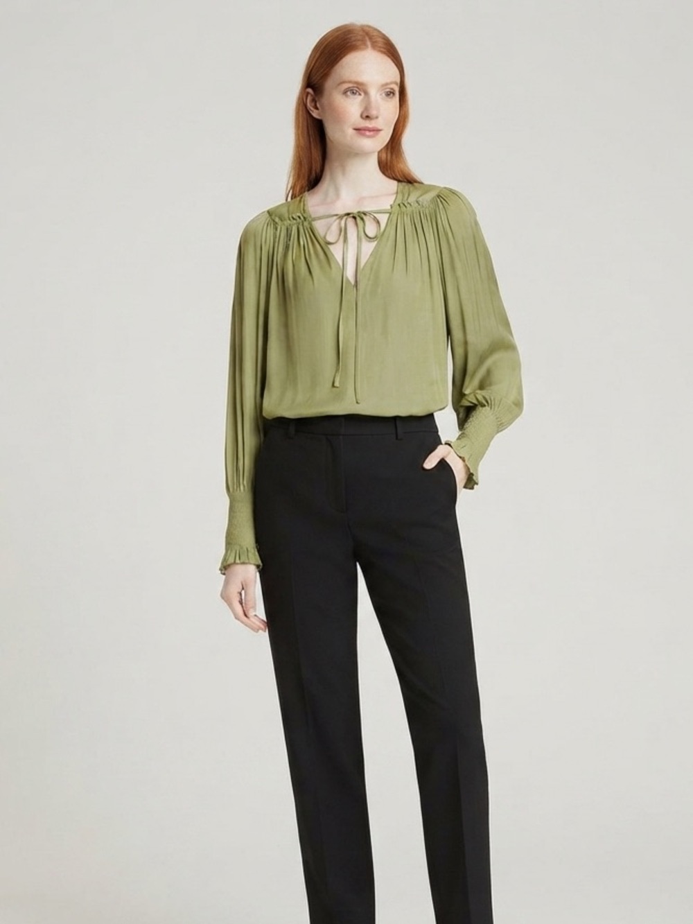 REBECCA TAYLOR SATEEN TIE NECK LONG MATCHA GREEN LONG SLEEVE TOP SIZE XS-$225